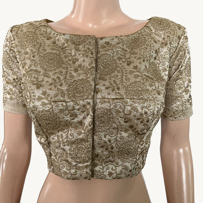 Heavy Embroidered Semi Raw Silk Boatneck Blouse with Short Sleeves & Lining, Beige- Gold, BS1160