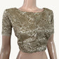 Heavy Embroidered Semi Raw Silk Boatneck Blouse with Short Sleeves & Lining, Beige- Gold, BS1160