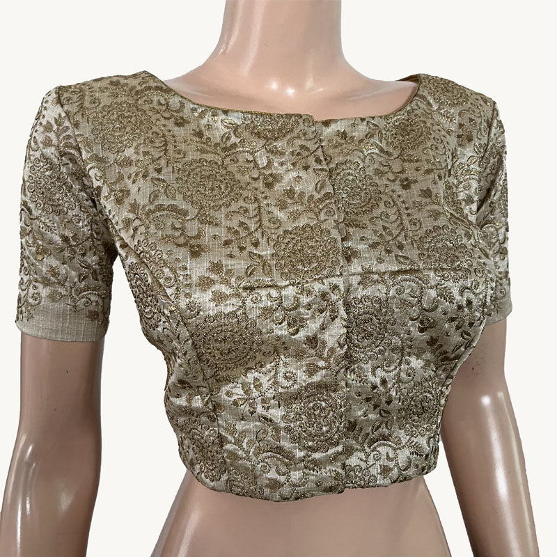 Heavy Embroidered Semi Raw Silk Boatneck Blouse with Short Sleeves & Lining, Beige- Gold, BS1160