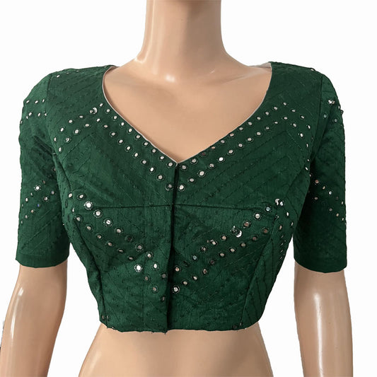 Mirror Work Embroidered Art Silk Blouse with V neck & Lining, Bottle Green, BS1163