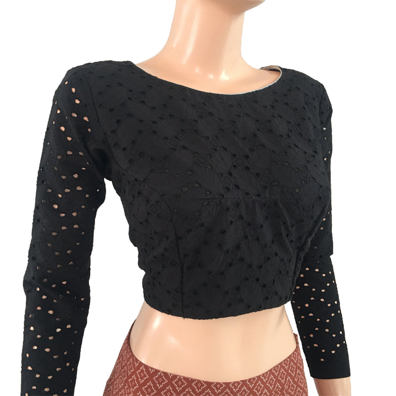 Cutwork Cotton Boatneck Blouse with Lining, Backopen, Black, BW1073