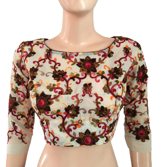 Heavy Embroidered Cotton Boatneck Blouse, Back open, Off White - Brown, BW1110