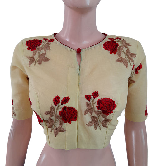 Soft Cotton Embroidered Closrneck Blouse with Lining, Yellow,  BW1121
