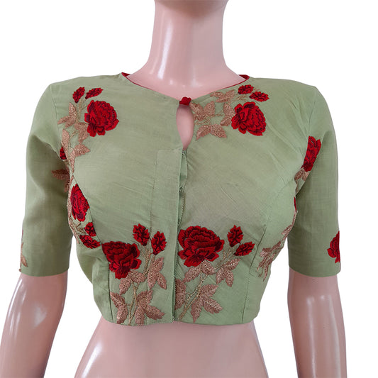 Soft Cotton Embroidered Closrneck Blouse with Lining, Light Green,  BW1122