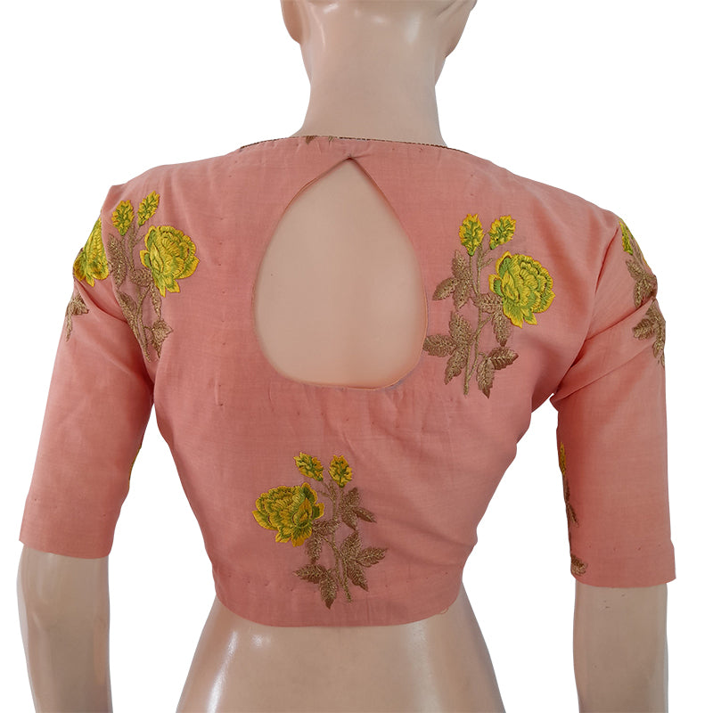 Soft Cotton Embroidered Closrneck Blouse with Lining, Peach,  BW1123