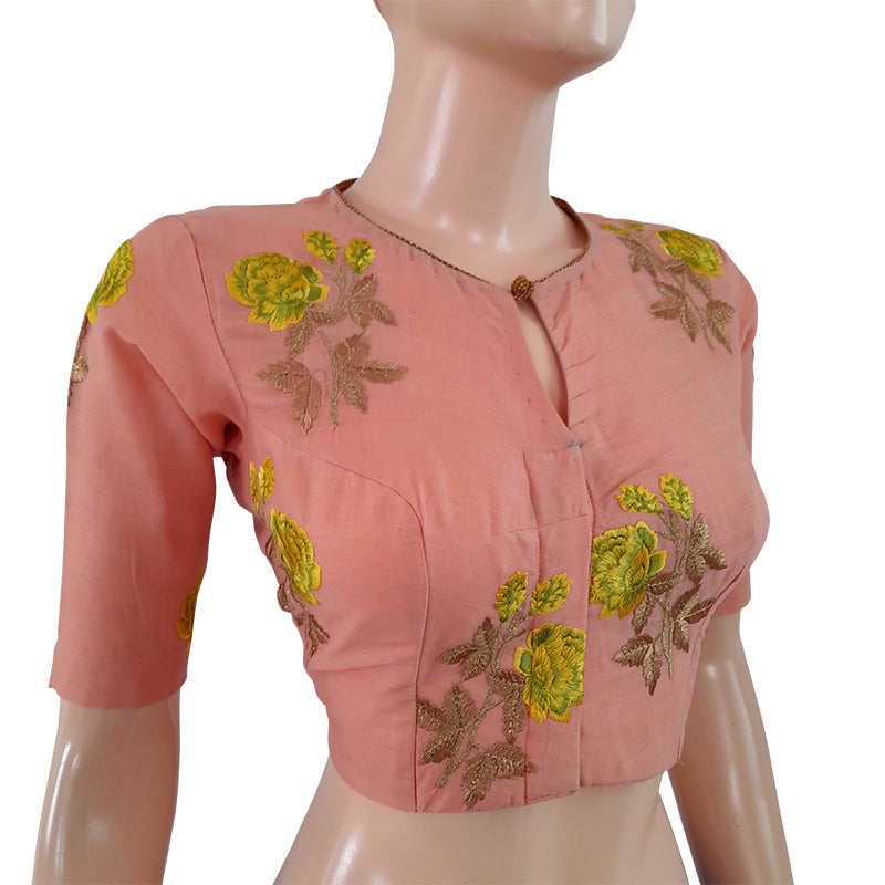Soft Cotton Embroidered Closrneck Blouse with Lining, Peach,  BW1123