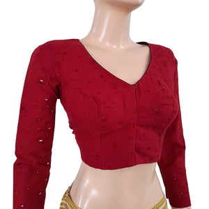 Hakoba Cutwork Cotton V neck Blouse with Lining, Maroon,  BW1124