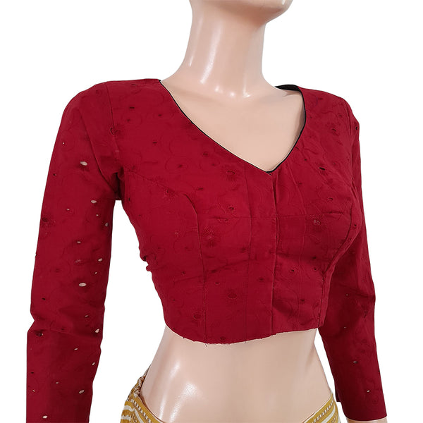 Hakoba Cutwork Cotton V neck Blouse with Lining, Maroon,  BW1124