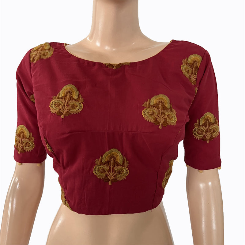 Backopen Embroidered  2 x 2  Cotton Boatneck Blouse with Potli Button Details & Lining,  Maroon, BW1133