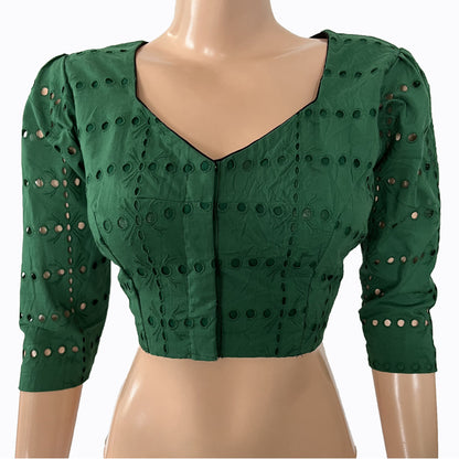 Hakoba Cutwork Cotton Sweetheart neck Blouse with Lining,  Bottle Green, BW1134