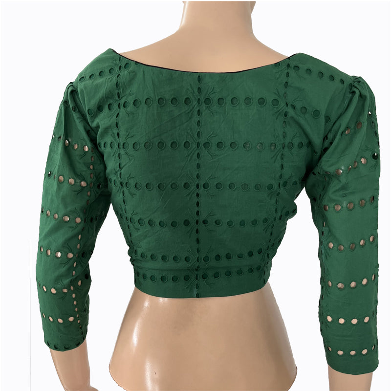 Hakoba Cutwork Cotton Sweetheart neck Blouse with Lining,  Bottle Green, BW1134