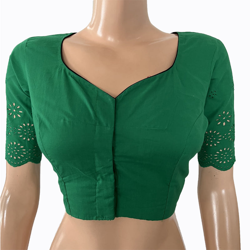 Hakoba Cutwork Cotton Y neck Blouse with Lining,  Green, BW1136