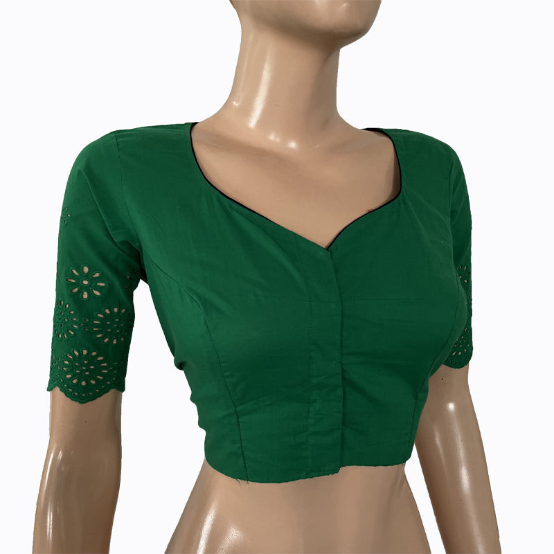Hakoba Cutwork Cotton Y neck Blouse with Lining,  Green, BW1136