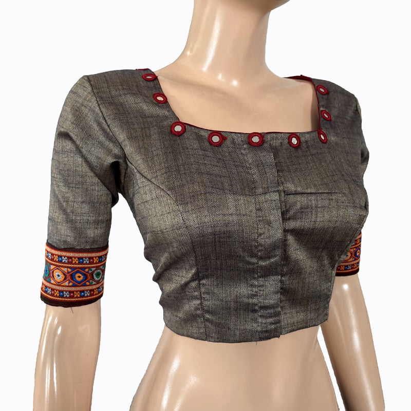 Khadi Cotton Squareneck Blouse with Woven Thread Lace Border, Mirror Work Details & Lining,  Bluish Grey, BW1138