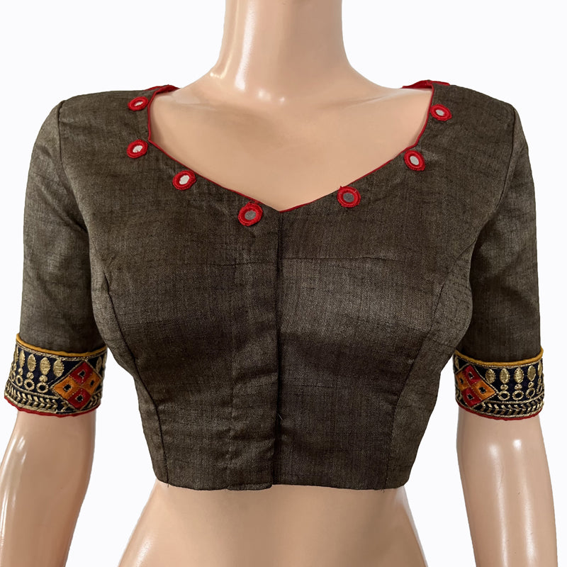 Khadi Cotton Sweetheart neck Blouse with  Embroidered Lace Border, Mirror Work Details & Lining,  Grey, BW1139