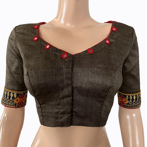 Cotton Sweetheart neck Blouse with  Embroidered Lace Border, Mirror Work Details & Lining,  Grey, BW1139