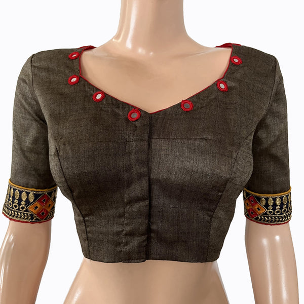 Cotton Sweetheart neck Blouse with  Embroidered Lace Border, Mirror Work Details & Lining,  Grey, BW1139