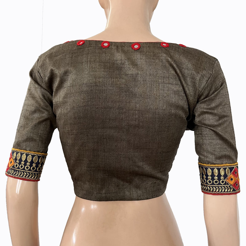 Khadi Cotton Sweetheart neck Blouse with  Embroidered Lace Border, Mirror Work Details & Lining,  Grey, BW1139