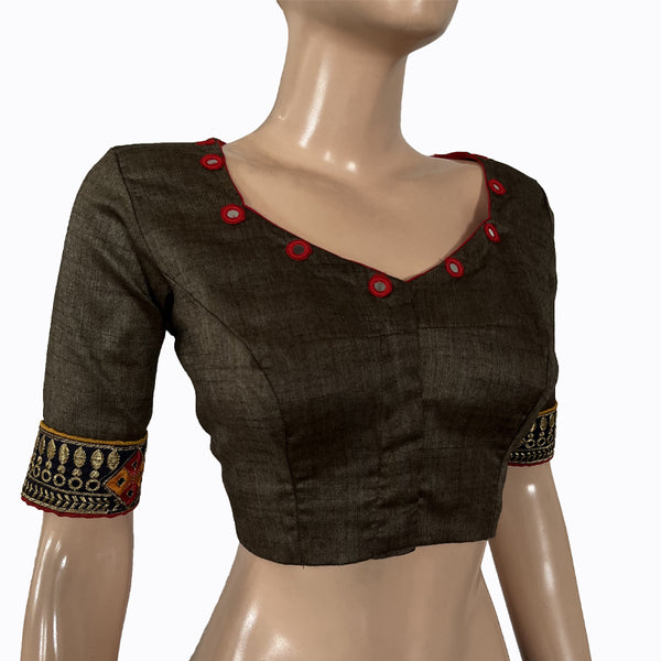 Cotton Sweetheart neck Blouse with  Embroidered Lace Border, Mirror Work Details & Lining,  Grey, BW1139