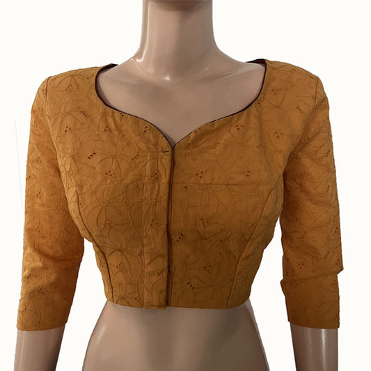 Hakoba Cutwork Cotton Y neck Blouse with  Lining,  Mustard Yellow, BW1141