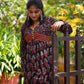 Ajrakh Cotton Pleated V neck Kurta with Gathered Sleeves & Wooden Button Details, Multicolor, KA1015