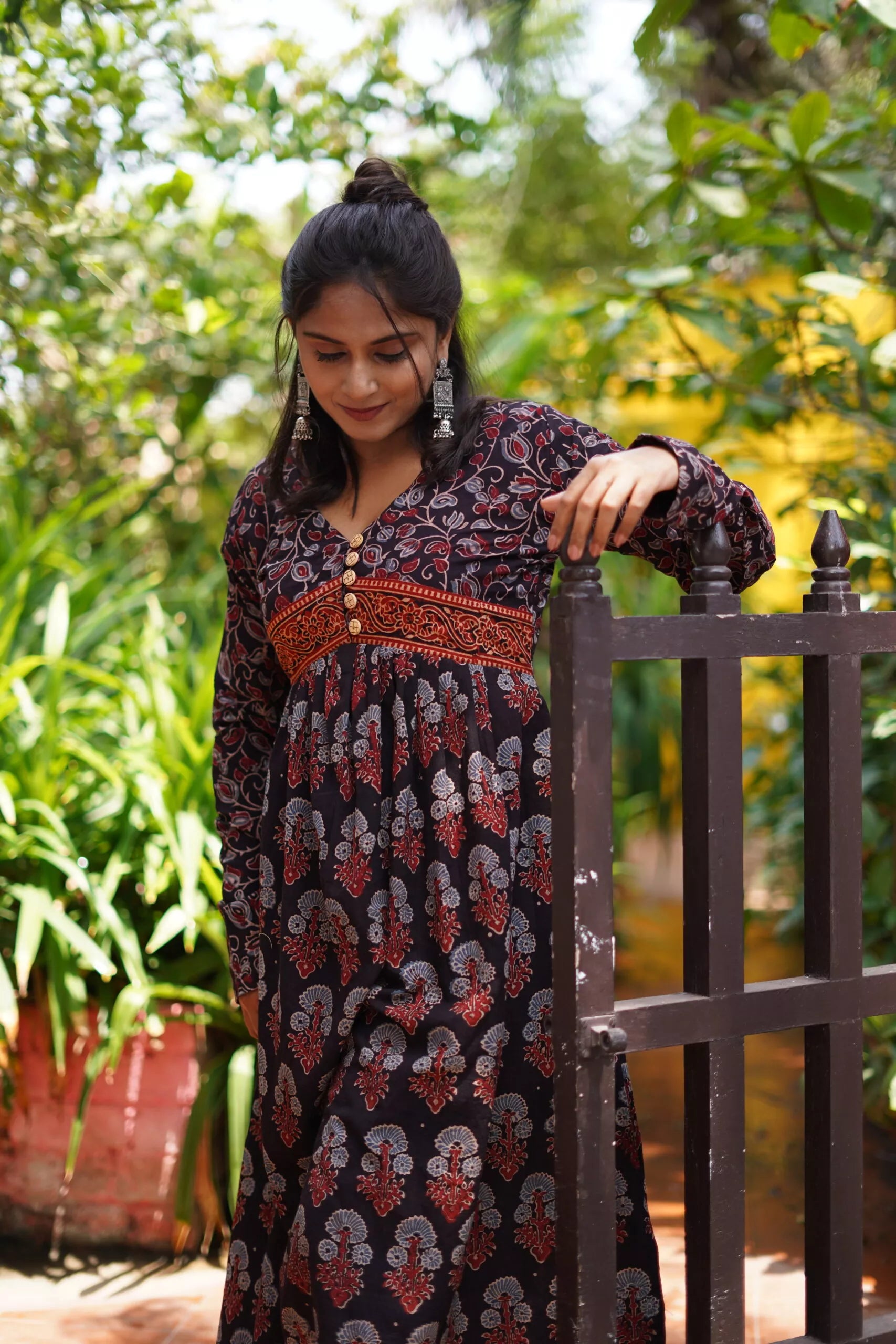 Ajrakh Cotton Pleated V neck Kurta with Gathered Sleeves & Wooden Button Details, Multicolor, KA1015
