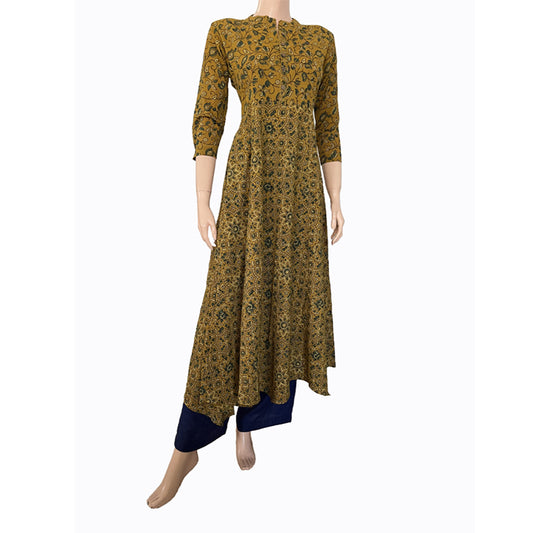 Ajrakh Cotton  Anarkali  Paneled  Kurta  with Mandarin Collar & Wooden Button Details,  Mustard,  KA1018