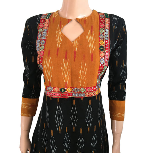 Ikat Cotton A line Kurta with Diamond neck & Mirror Work Lace Details, Black,  KI1021