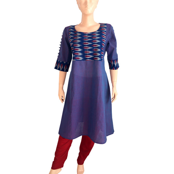 Handloom Ikat Cotton A line Designer Kurti with Potli button details, Lavendar Blue, KH1007