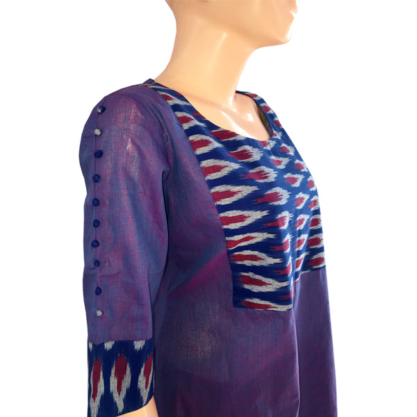 Handloom Ikat Cotton A line Designer Kurti with Potli button details, Lavendar Blue, KH1007