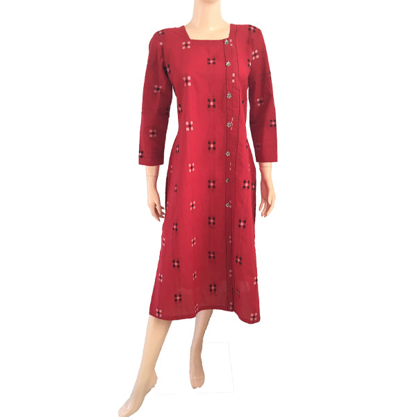 Handloom Cotton Straight cut Kurti with metal embellishments, Red, KH1023