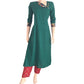 Cotton Jute Triangle neck A line Kurta with Kalamkari Patches & wooden button details, Bottle Green, KH1043