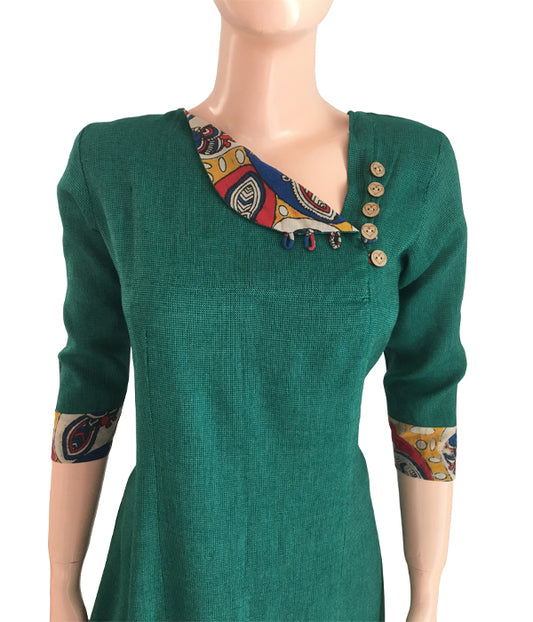 Cotton Jute Triangle neck A line Kurta with Kalamkari Patches & wooden button details, Bottle Green, KH1043