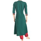 Cotton Jute Triangle neck A line Kurta with Kalamkari Patches & wooden button details, Bottle Green, KH1043