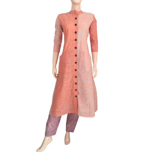 Striped Cotton A line Kurta with Mandarin Collar & Wooden Button Details , Peach,  KH1050