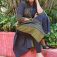 Woven Handloom Striped Tie-up neck Kurta with Threadwork, Navy blue - Yellow, KH1055