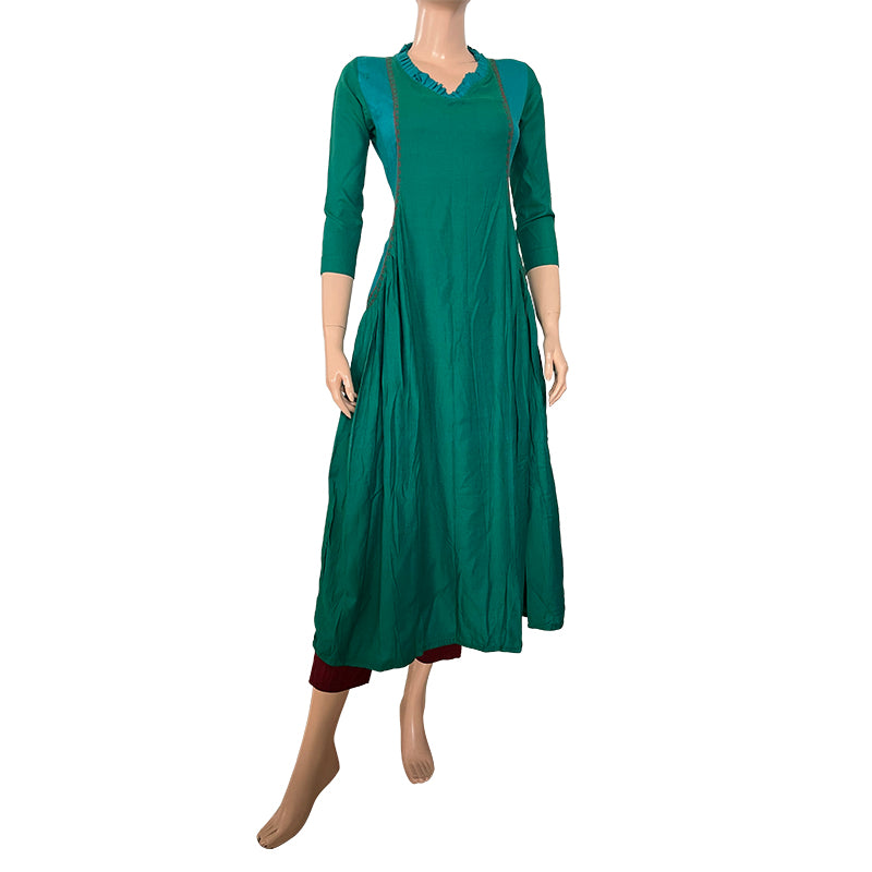 Frilled  Cotton Jute Pleated V neck Kurta, Green - blue,  KH1064