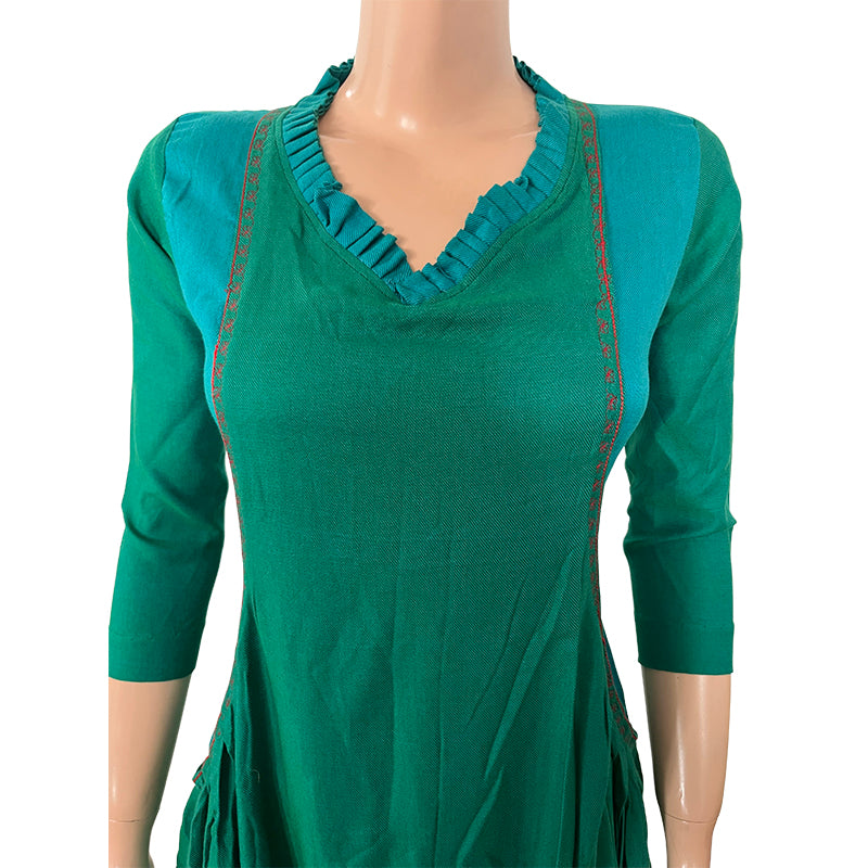 Frilled  Cotton Jute Pleated V neck Kurta, Green - blue,  KH1064