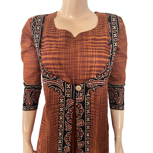 Slub Cotton Jacket Style A line Kurta with Ajrakh Patches,  Rust - Maroon,  KH1066
