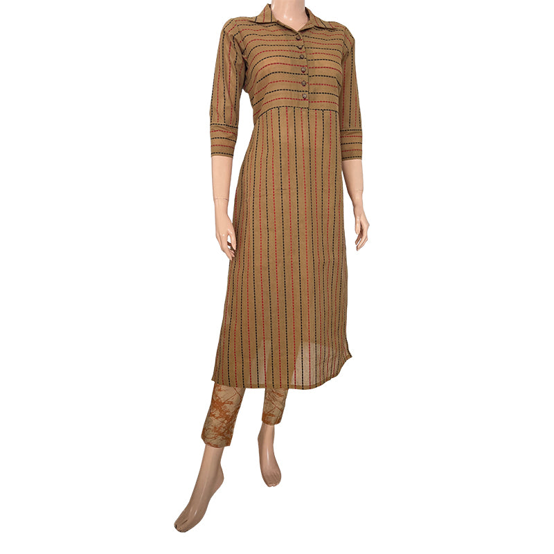 Striped Woven Thread Handloom Cotton Straight cut Kurta with Wooden Button Details,  Beige,  KH1067