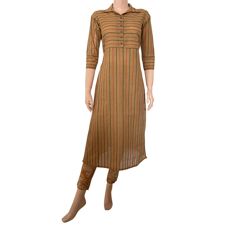 Striped Woven Thread Handloom Cotton Straight cut Kurta with Wooden Button Details,  Beige,  KH1067