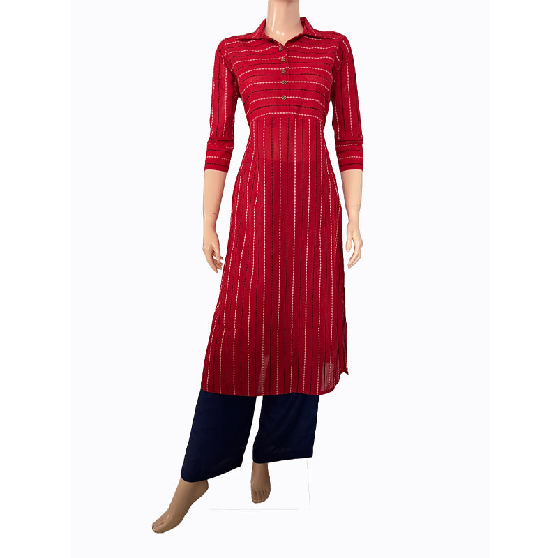 Striped Woven Thread Handloom Cotton Straight cut Kurta with Wooden Button Details,  Red,  KH1068