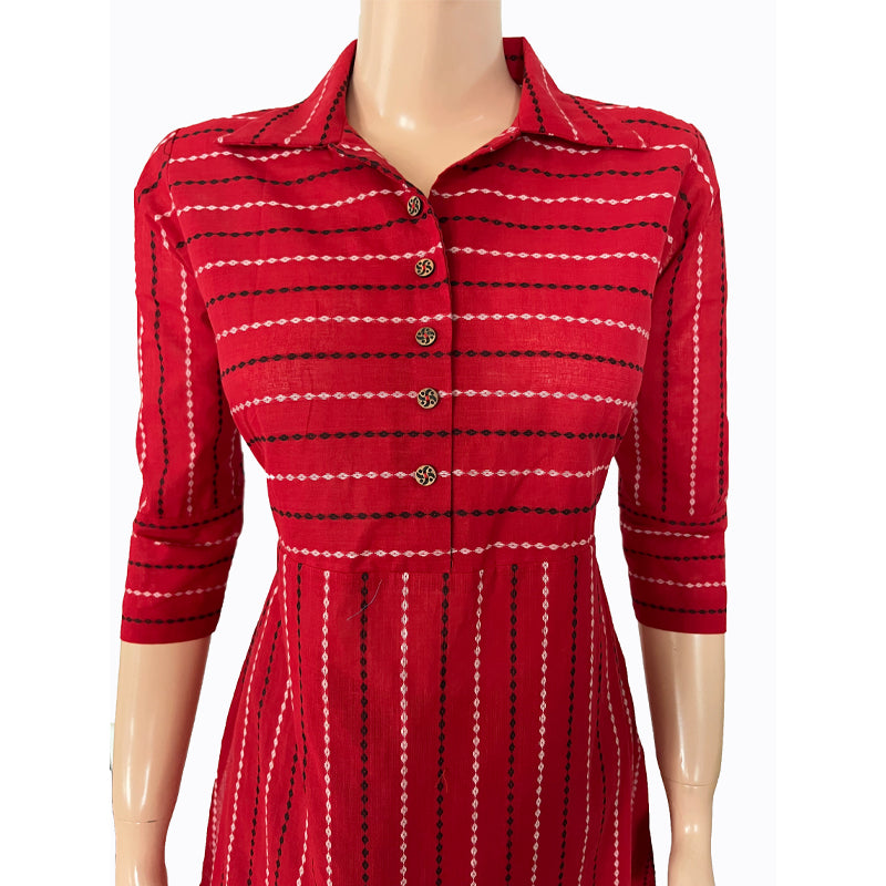 Striped Woven Thread Handloom Cotton Straight cut Kurta with Wooden Button Details,  Red,  KH1068
