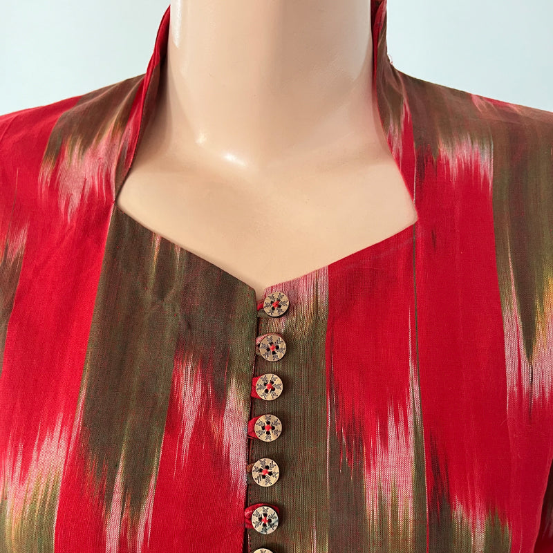 Mangalgiri  Tie - dye Handloom Straight cut Kurta,  Red - Green,  KH1069