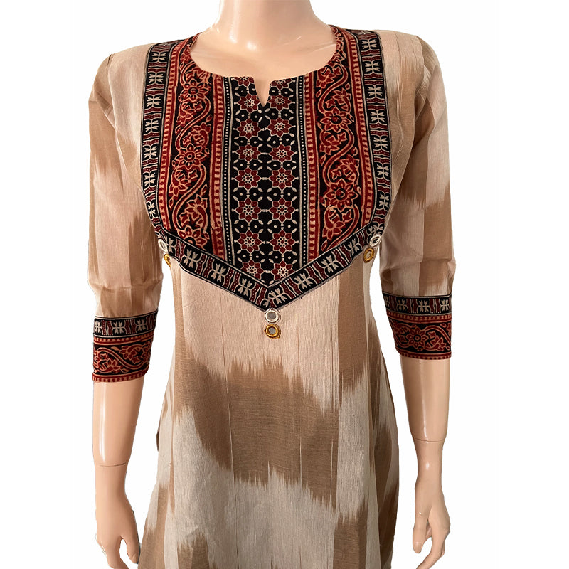 Mangalgiri  Tie - dye Handloom Straight cut Y neck Kurta with Mirror Work Details & Ajrakh Patches,,   Beige,  KH1071