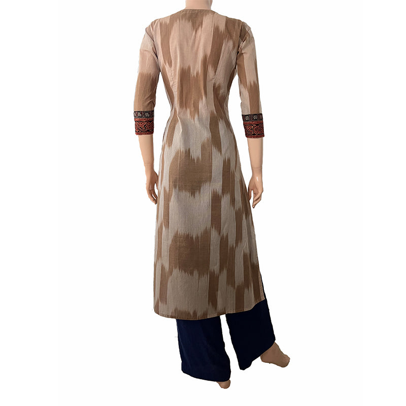 Mangalgiri  Tie - dye Handloom Straight cut Y neck Kurta with Mirror Work Details & Ajrakh Patches,,   Beige,  KH1071