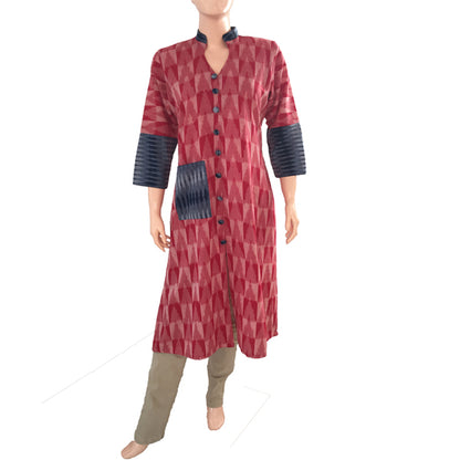 Ikat Cotton Straight cut Designer Kurti with pocket & button details, Red, KI1004