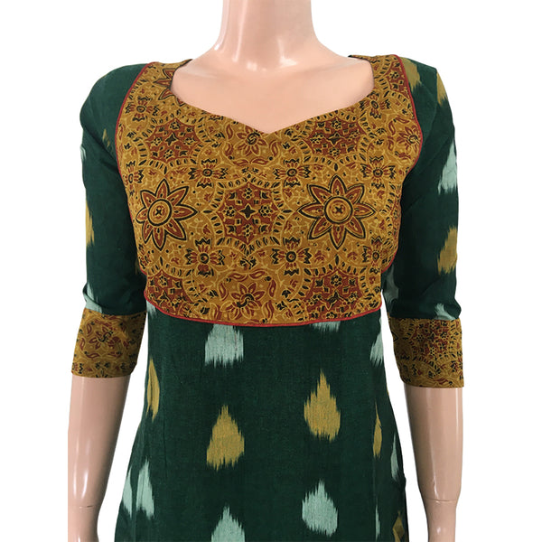 Ikat  Cotton  Sweetheart neck Kurta with Ajrakh Patches, Bottle Green, KI1015