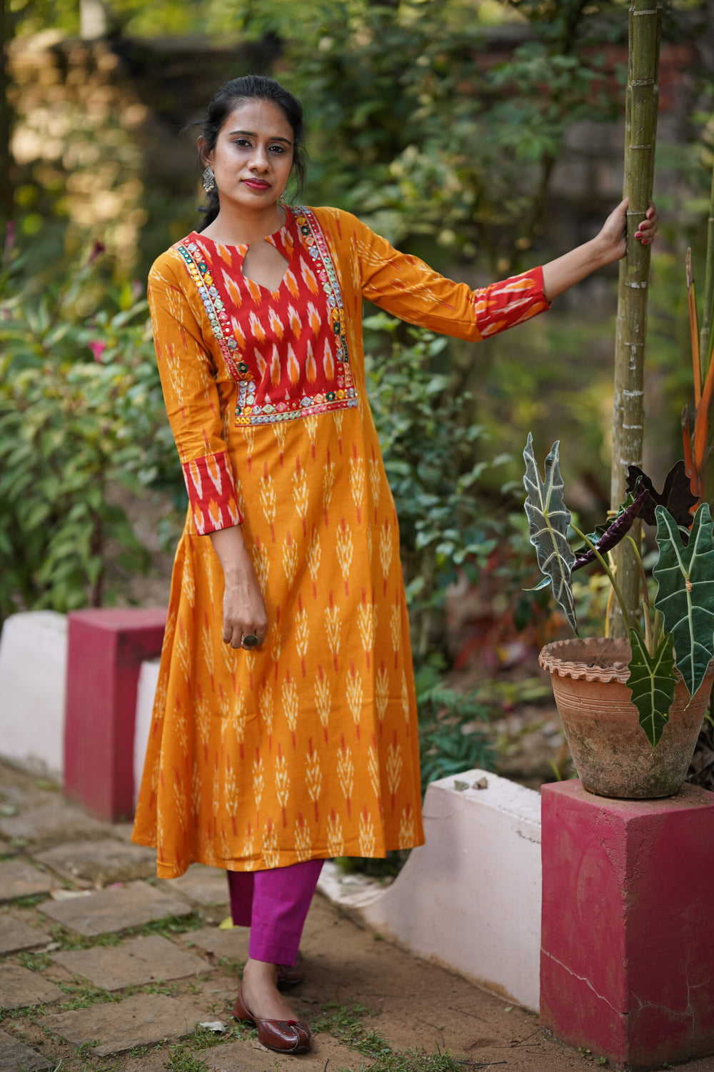 Ikat Cotton A line Kurta with Diamond neck & Mirror Work Lace Details, Mustard Yellow,  KI1020
