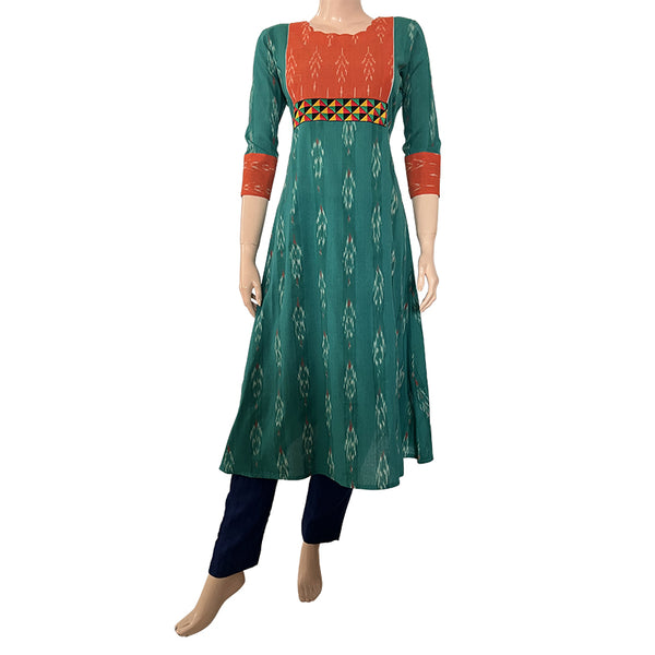 Ikat Cotton Scallopneck A line Kurta with Phoolkari Lace Details,  Teal Green, KI1023